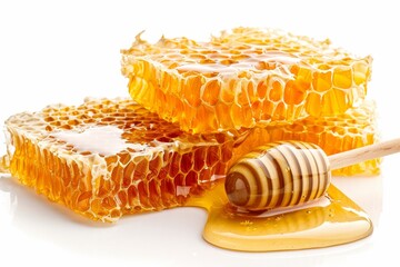 Wall Mural - Honeycombs and liquid honey shown on white backdrop