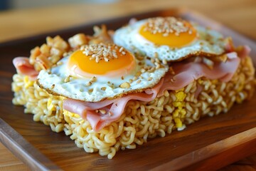 Instant noodle breakfast with spam and eggs