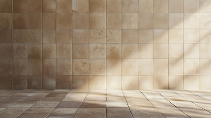 Wall Mural - Sunlit empty beige tile room with shadow