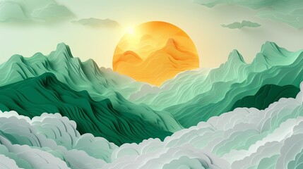 Wall Mural - Abstract Paper Cut Mountains with Rising Sun