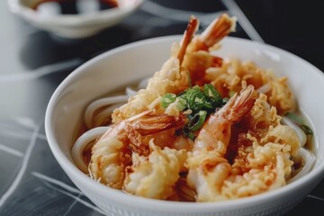 Wall Mural - Japanese Udon noodles with shrimp tempura and narutomaki on a white bowl served on a black marble table