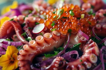 Canvas Print - Macro shot of octopus salad with blurred background excluding any trademarked or copyrighted elements