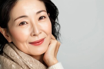 Middle aged Asian woman smiling in a studio portrait emphasizing beauty and skincare