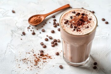 Sticker - Newly prepared protein shake in a glass with protein powder on a white table Sports supplements beverage