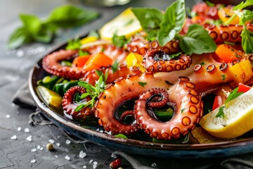 Canvas Print - Octopus grilled with veggies and lemon