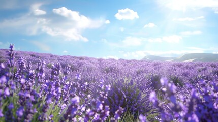 Lavender field in full bloom under a sunny, cloudless sky