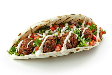 Canvas Print - Pita stuffed with falafel salad and white sauce alone on a white background