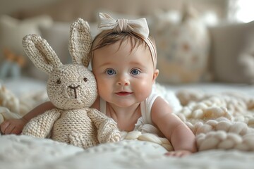 Wall Mural - Cute baby girl with headband playing on blanket and near a cute knitted bunny toy on a beige background