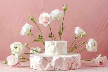 Wall Mural - plaster podium pink background and lovely eustoma