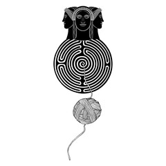 Wall Mural - Triple goddess on a round spiral maze or labyrinth symbol and a yarn ball. Ariadne's thread. Female triad. Creative mythological concept. Philosophical symbol. Black and white silhouette.