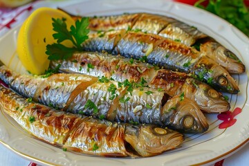 Poster - Sardine fillets cooked plated with lemon and parsley