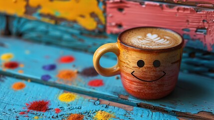 Wall Mural - Smiling Coffee Cup on a Colorful Wooden Table