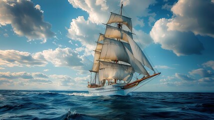 Wall Mural - Tall ship sailing on open sea under blue sky