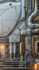 Poster - A close-up of a futuristic metal wall panel with intricate pipes, wires, and conduits