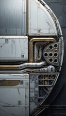 Poster - A weathered metal surface with exposed piping and vents on a futuristic spacecraft