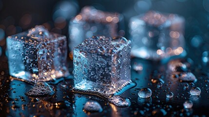 Sticker - Close-Up of Ice Cubes Melting with Water Droplets