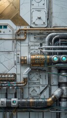 Poster - A close-up of a futuristic, industrial wall texture with metal piping, wires, and panels