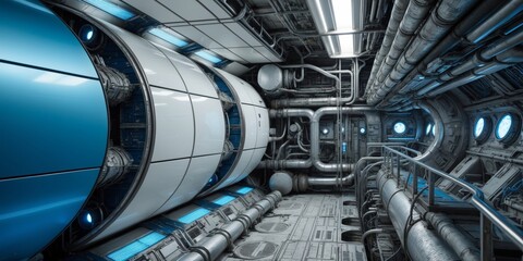 Poster - The interior of a futuristic spaceship with blue and white panels, pipes, and lighting