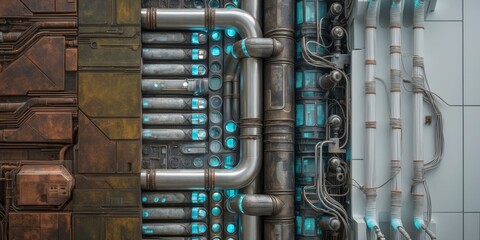 Wall Mural - Close-up of various textures of metal and pipes, with glowing blue lights