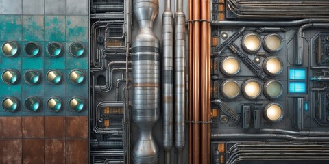 Poster - A wall of metal with different textures, including pipes, cylinders, and lights