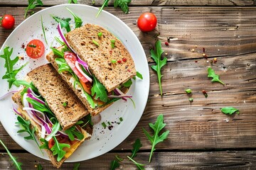 Sticker - Top view of a white plate with a sandwich made of sprats on a wooden table