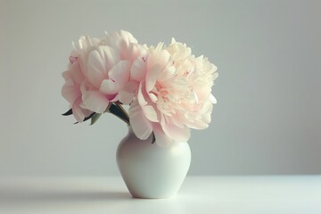 Beautiful peony in a ceramic vase, isolated on a light gray background, creating a soft and delicate visual focus on the flower's lush petals 