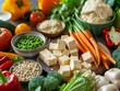 © Hooks - A detailed image of a dairy-free dinner. featuring tofu, vegetables, and whole grains. emphasizing the benefits of avoiding dairy. Ideal for dinner recipes