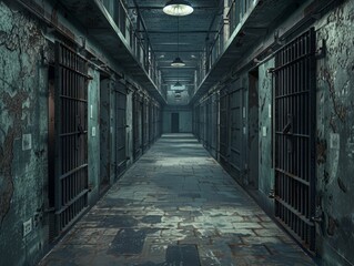 Empty prison corridor with rows of metal cell doors, creating a sense of confinement and desolation with a high-quality backdrop background 