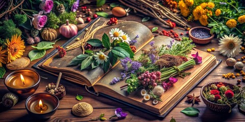 The Book of Herbal Remedies An Open Tome With Flowers, Herbs, and Candles, Herbalism, Witchcraft, Magic, Folklore