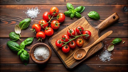 Top View of Cherry Tomatoes with Basil and Salt on Wooden Background, tomato, basil, salt, wooden background