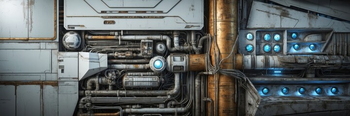 Canvas Print - A close-up of various industrial metal, pipes, and glowing lights