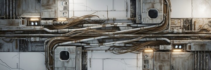 Canvas Print - A textured view of intricate white and brown cable and pipe systems set against a distressed gray wall