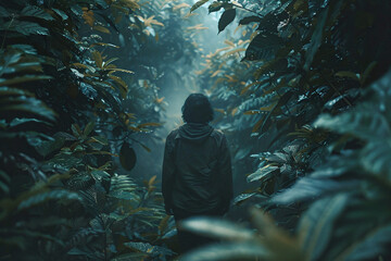 Wall Mural - Forest Wanderer: A person walking through dense forest foliage.