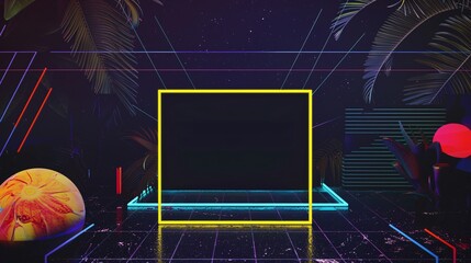 Canvas Print - Retro Neon Frame with  glowing lines and abstract objects.