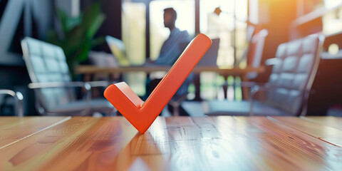 Poster - Red check mark on table, blurred background of person working in meeting room