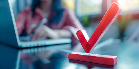 Poster - Check mark color red background woman working on computer