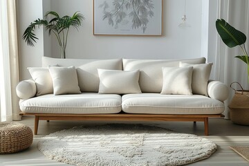 Wall Mural - Modern light gray sofa with wooden legs and soft pillows against a white wall in a living room interior.