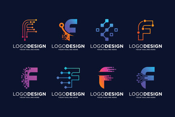 Letter F tech logo design. Digital, connection, and science logo concept