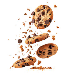 Wall Mural - Flying pile cake crumbs chocolate chip cookies isolated on transparent white background, clipping path