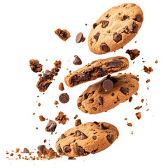 Wall Mural - Flying pile cake crumbs chocolate chip cookies isolated on transparent white background, clipping path