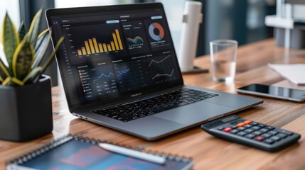 Poster - A laptop displaying a business analytics dashboard, with a calculator and notepad beside it.