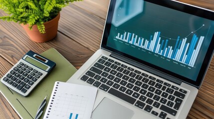 Poster - A laptop displaying a business analytics dashboard, with a calculator and notepad beside it.