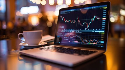 Poster - A laptop displaying stock market data on the screen, with a cup of coffee and a notebook nearby.