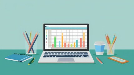 Poster - A laptop on a desk displaying a budget tracking spreadsheet, with office supplies beside it.