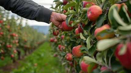 Wall Mural - A person hand picking a ripe apple from an orchard tree, with rows of apple trees in the background.