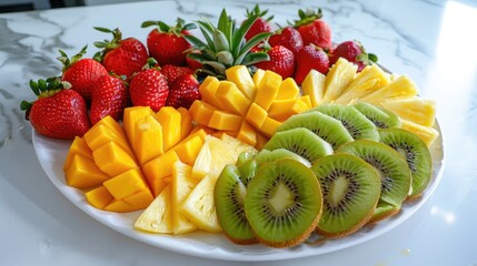 Wall Mural - A vibrant fruit platter with sliced kiwi, pineapple, strawberries, and mango on a marble countertop.