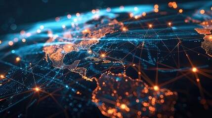 Poster - An abstract representation of a global network with glowing connections.