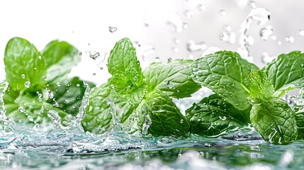 Wall Mural - Mint leaves with splash water