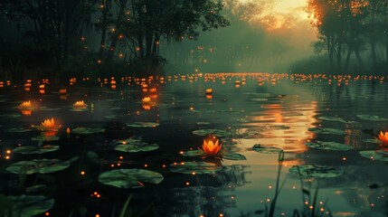 Wall Mural - Enchanted Forest Pond at Sunset.