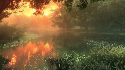 Wall Mural - Misty Sunset Over a Forest Lake.